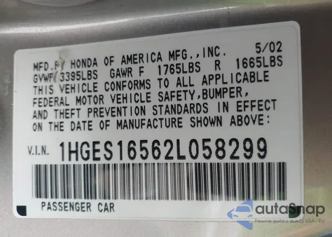 2002 Honda Civic Lx from USA, damaged, VIN 1HGES16562L058299